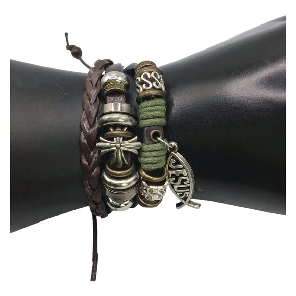Jesus ICHTHUS Fish Charm Leather Adjustable Bracelet Set Boho Stack 6.5–7.5 in - Picture 3 of 15
